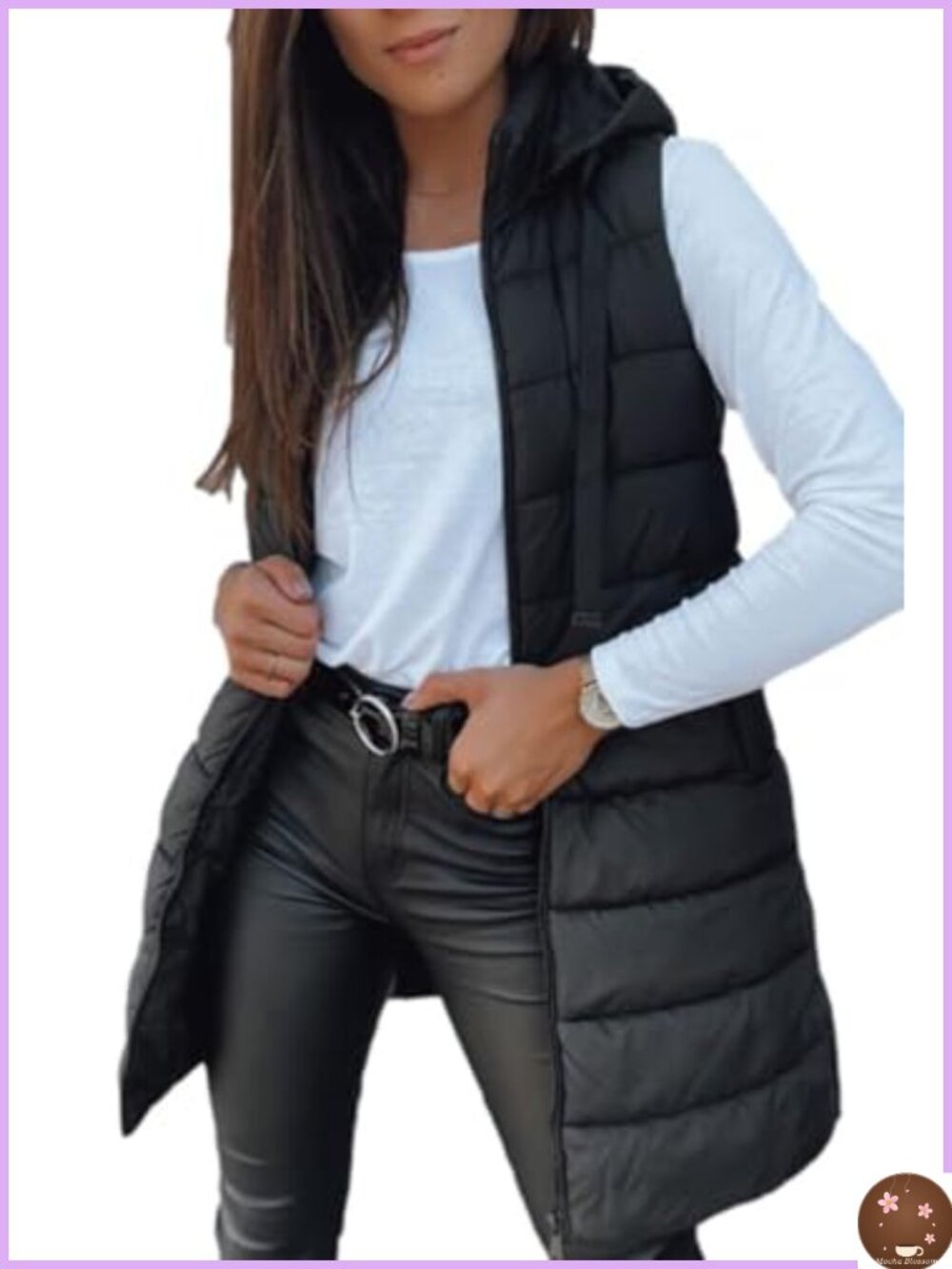Women Sleeveless Hooded Long Puffer Vest Winter Quilted Zipper Pockets